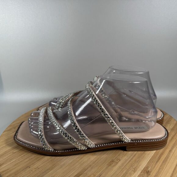 Steve Madden Sandals 8.5 M Starie Rhinestones Strappy Flats Beige Square Toe Tan - Picture 3 of 6
